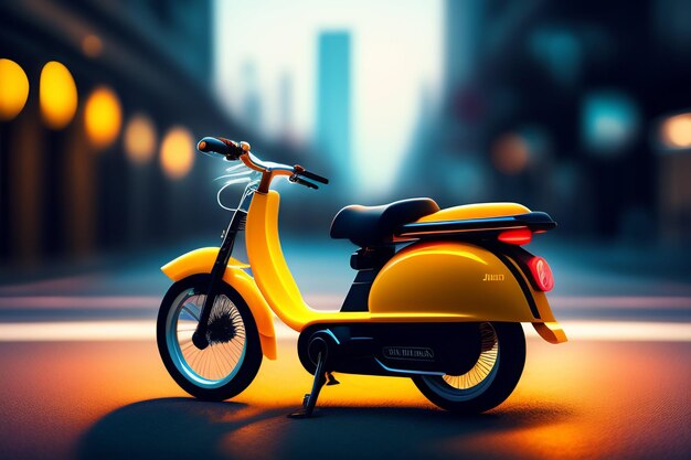 A yellow scooter is parked on a street in the city.