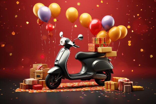 사진 빨간색 바탕에 선물이 있는 노란색 스쿠터 선물 상자와 축제 공이 있는 오토바이 음식 배달 상품 배달 다채로운 공 선물 바탕에 바구니가 있는 스쿠터