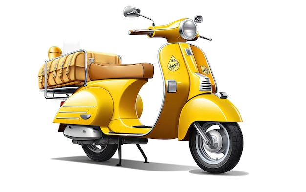 A yellow scooter with a leather seat and a leather seat.