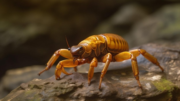 A yellow scorpion sits on a log.