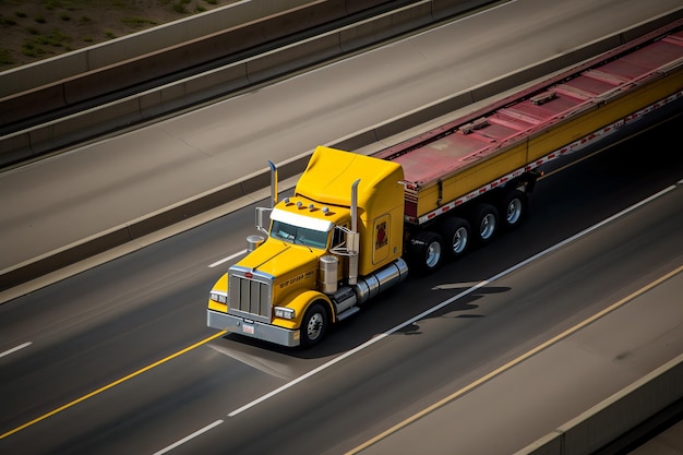 A yellow semi truck with a red trailer on the back is driving down a highway.