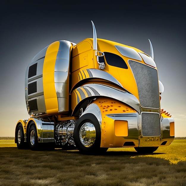 Photo a yellow semi truck with a silver and yellow body and a silver hood.