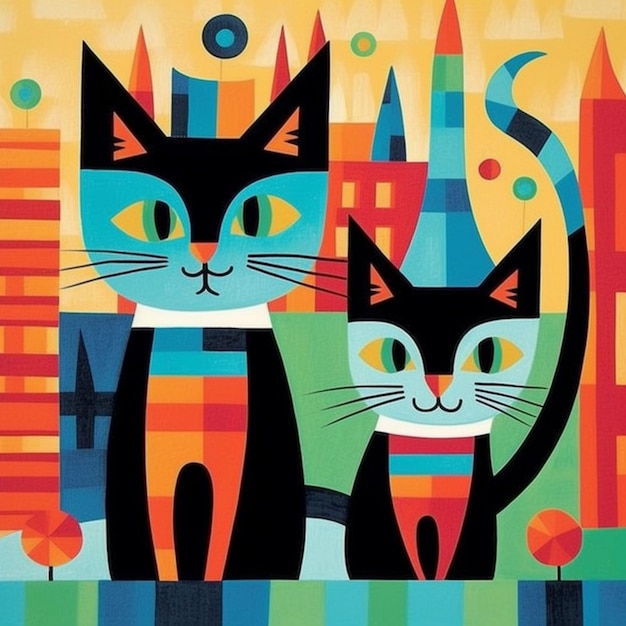 Yellow sheet cute cats in the style of mary blair