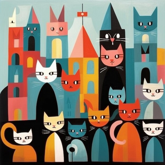Yellow sheet cute cats in the style of mary blair