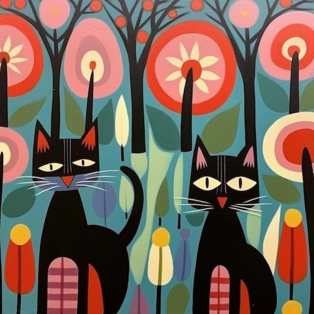 Photo yellow sheet cute cats in the style of mary blair