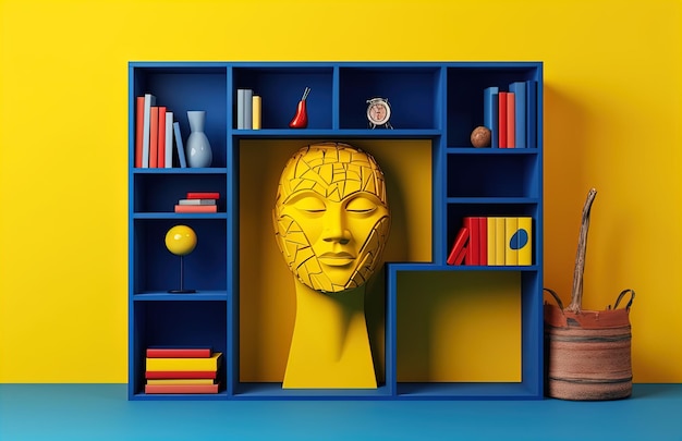 Photo a yellow shelf with a face on it and a mask on it