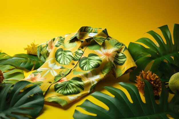 A yellow shirt with a tropical print is laying on a yellow background with a flower on it