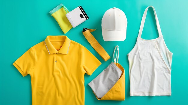Photo a yellow shirt with a white hat and a white shirt that says quot t shirt quot