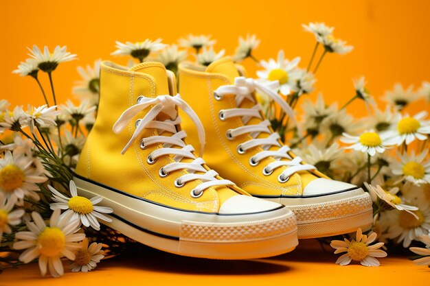 Yellow shoes with daisy flower in the sunshine