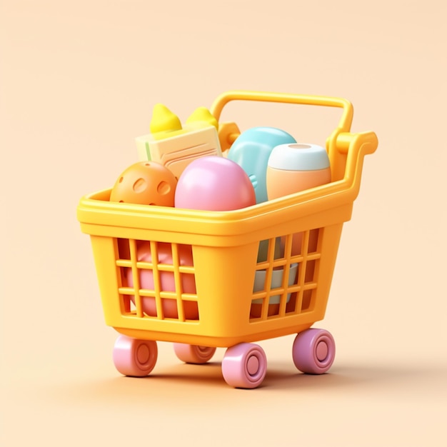 Yellow shopping cart filled with baby products on a beige background generative ai