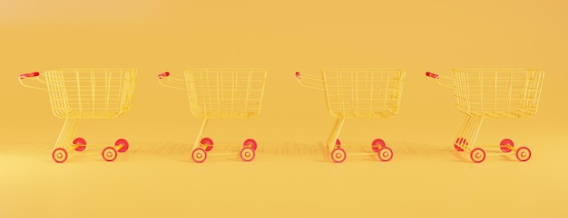 Yellow shopping trolleys. shopping design, advertising poster, banner 3d illustration