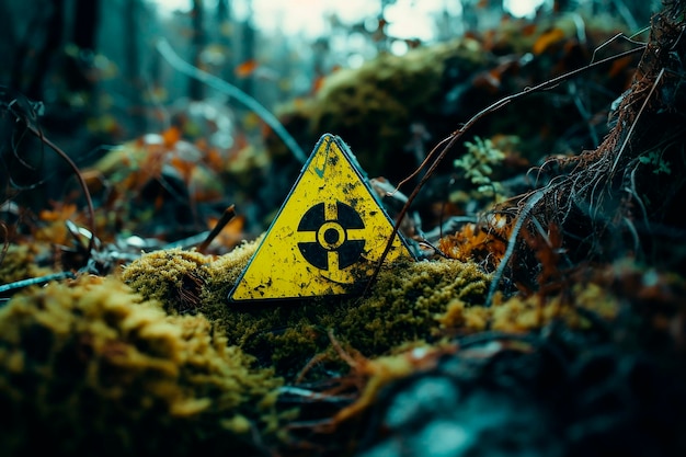 A yellow sign with a nuclear symbol in the middle of the forest