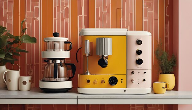 Photo a yellow and silver coffee maker is on a shelf