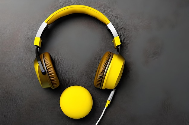 A yellow and silver headphones with a microphone on top of it.