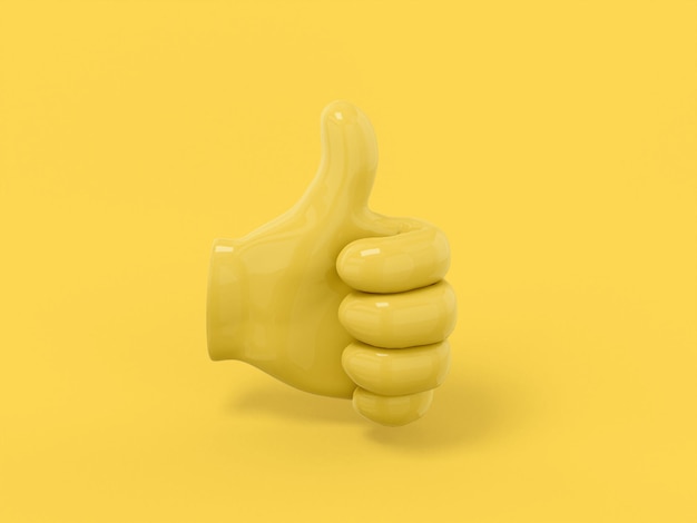 Yellow single color palm with thumb up on yellow monochrome background. Minimalistic design object. 3d rendering icon ui ux interface element.