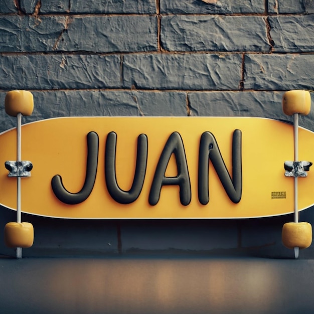 A yellow skateboard with text Juan in black letters