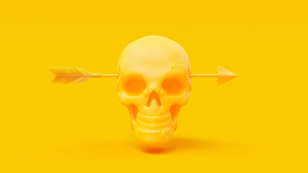 Yellow skull was shot through the head by an arrow or dart minimal idea concept 3D Render