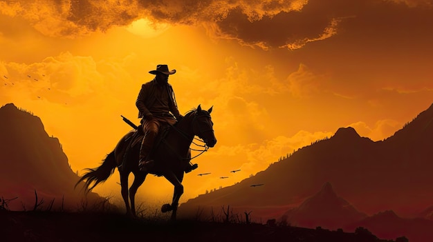 Yellow sky behind a cowboy on a mountain in silhouette