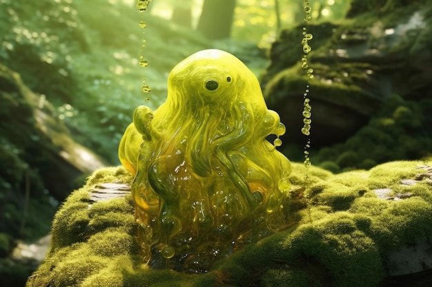 A yellow slime on moss