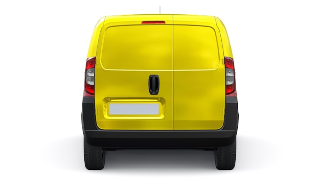 Yellow Small commercial delivery van on a white background Courier delivery of orders 3d rendering