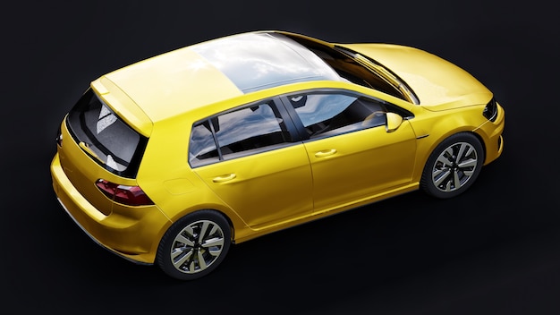 黒の背景に黄色の小さなファミリーカーのハッチバック。 3Dレンダリング。