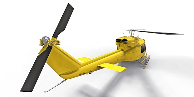 Yellow small military transport helicopter on white isolated background. The helicopter rescue service. Air taxi. Helicopter for police, fire, ambulance and rescue service. 3d illustration.