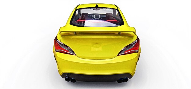 Yellow small sports car coupe. Advanced racing tuning with special parts and wheel extensions. 3d rendering.