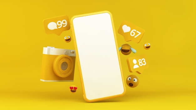 Smartphone giallo con notifiche sui social media ed emoji nel rendering 3d