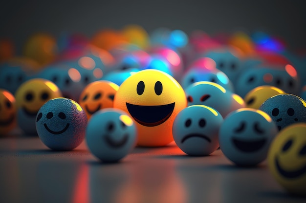 A yellow smiley ball surrounded by many small balls with sad faces.