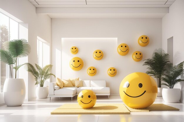 Yellow smiley ball in white room interior in 3d rendering