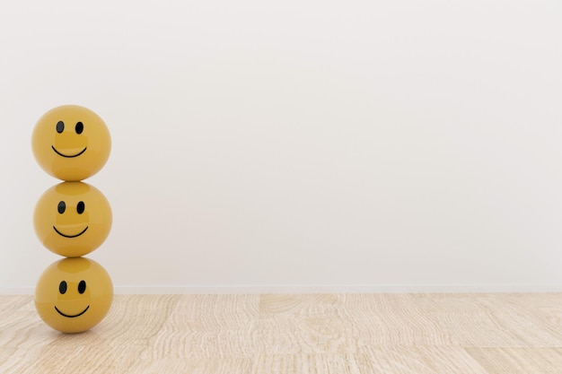 yellow smiley ball in white room interior in 3D rendering