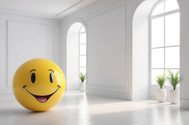 Yellow smiley ball in white room interior in 3d rendering