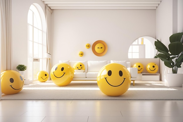 Yellow smiley ball in white room interior in 3d rendering