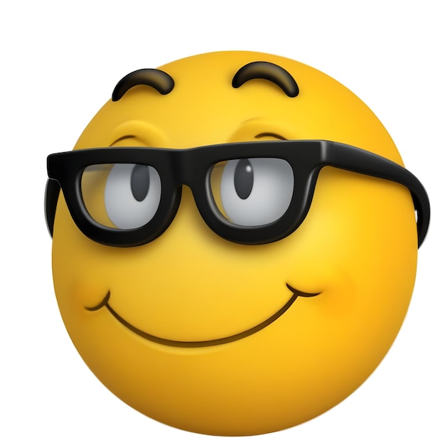 A yellow smiley face emoji wearing blackrimmed glasses