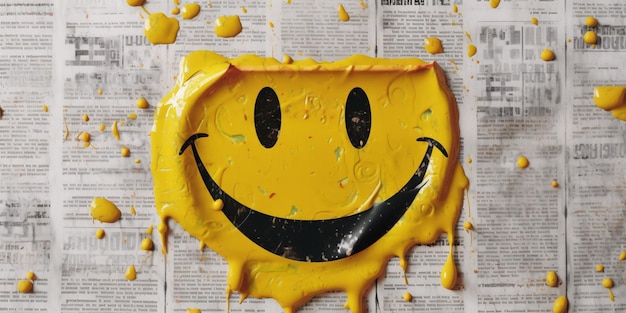 A yellow smiley face is covered in melted yellow paint.