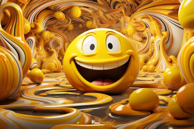 A yellow smiley face is surrounded by swirls