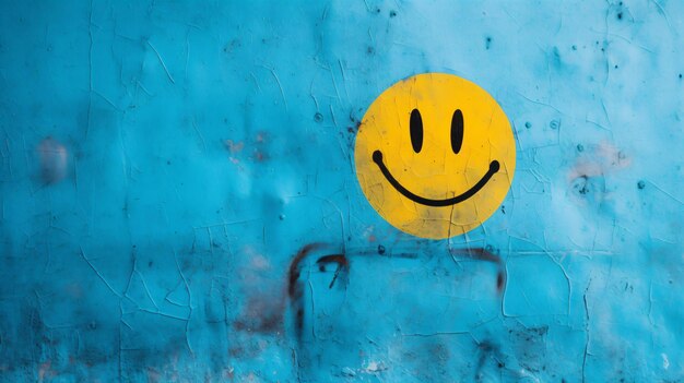 A yellow smiley face painted on a blue wall