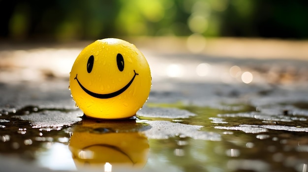 Photo a yellow smiley face in a puddle on the pavement