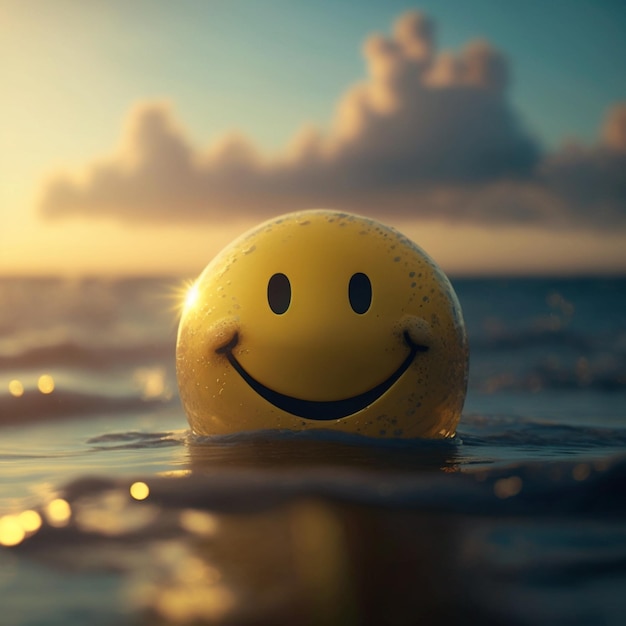 Photo yellow smiley face setting over the ocean instead of the sun