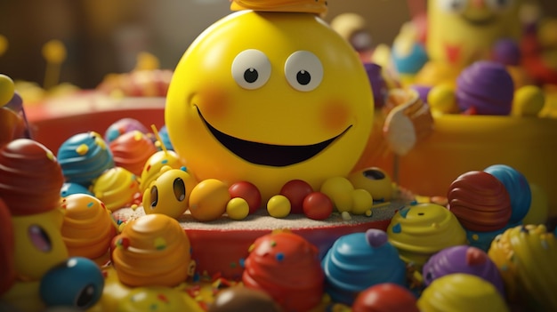 A yellow smiley face sits on a table with other toys