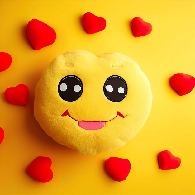 A yellow smiley face surrounded by hearts on a yellow background