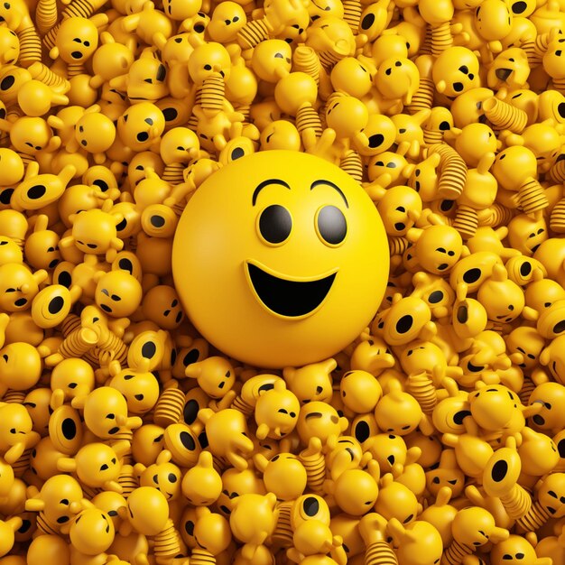 Yellow smiley face surrounded by many yellow balls with black eyes generative ai