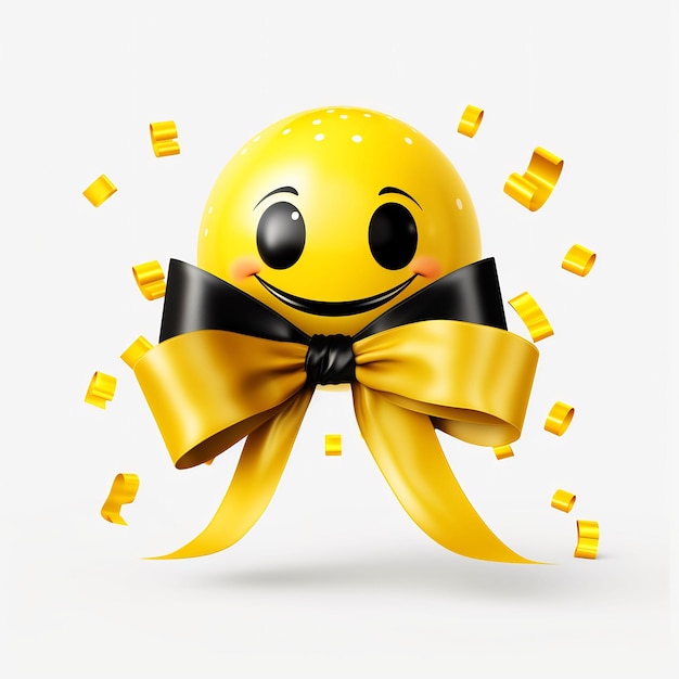 a yellow smiley face with a black ribbon around it