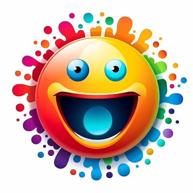 a yellow smiley face with a colorful background with different colored dots