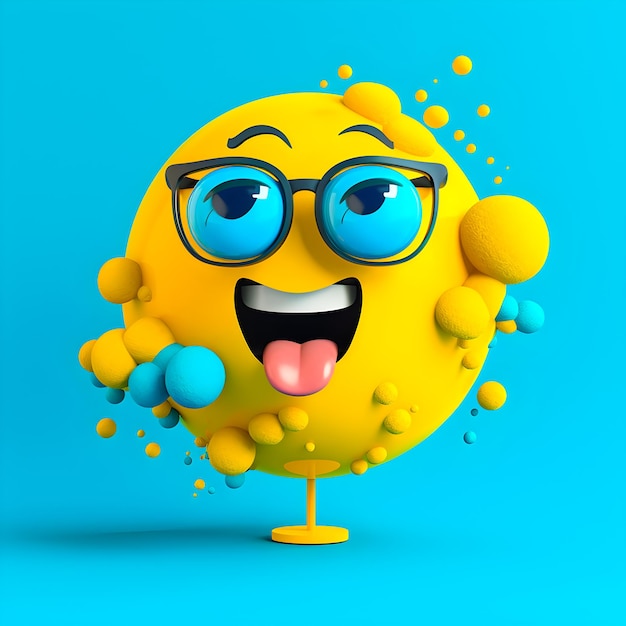 A yellow smiley face with glasses and a blue background.