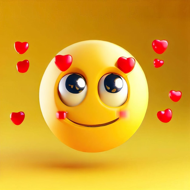 A yellow smiley face with hearts on it and a yellow background.