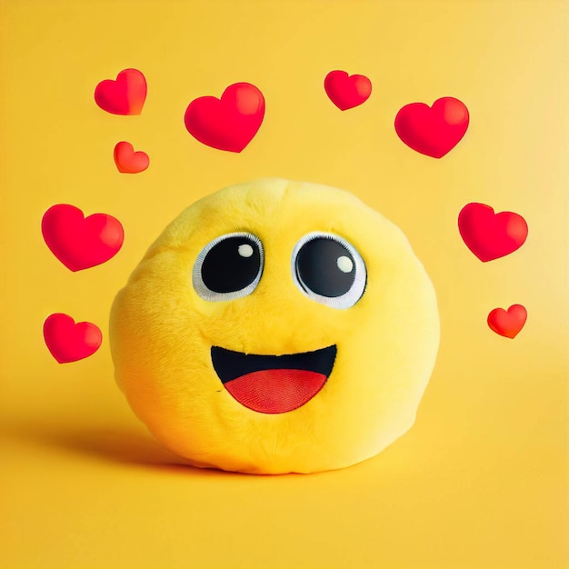 A yellow smiley face with hearts on it