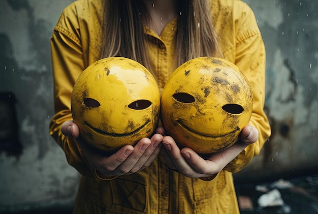 Фото Желтые улыбающиеся лица в руках девушки в стиле теории сложности