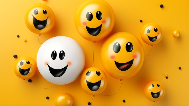 Photo yellow smiley faces with balloons on a yellow background