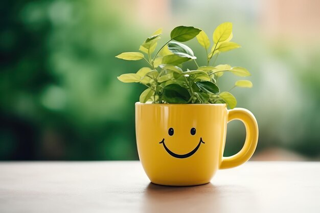 Foto tazza smiley gialla con una pianta che cresce in essa ai generativa